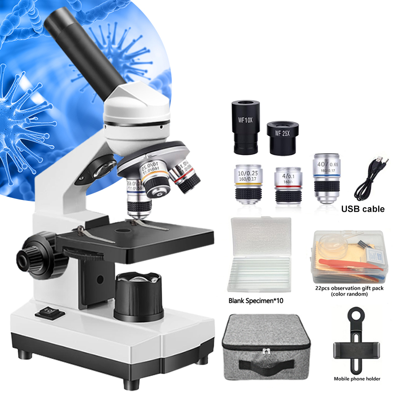 Microscope Compound 40X - กล้องจุลทรรศน์แบบผสมแสงชีวภาพแบบพกพา, กล้องจุลทรรศน์การศึกษา 40x-1000x, กล้องจุลทรรศน์สําหรับผู้ใหญ่พร้อมไฟ LED คู่